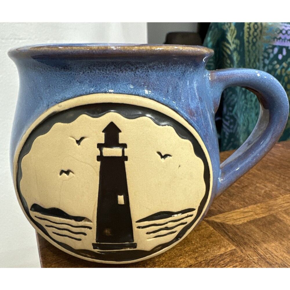 AUTHENTIC SOUVENIRS Cape Shore CERAMIC Blue Brown COFFEE MUG Lighthouse Beach